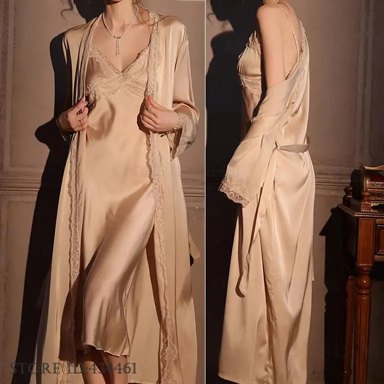 여성 긴 가운 2PCS 세트 우아한 잠옷 잠옷 새틴 실 - Robe Silk Women 리뷰 및 가격