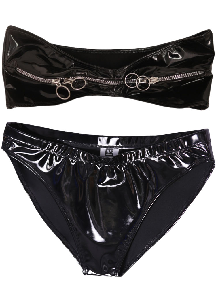 웨트룩 PVC 의상 지퍼 버스티어 크롭탑 샤이니 PU  - Thong Bikini Women 리뷰 및 가격