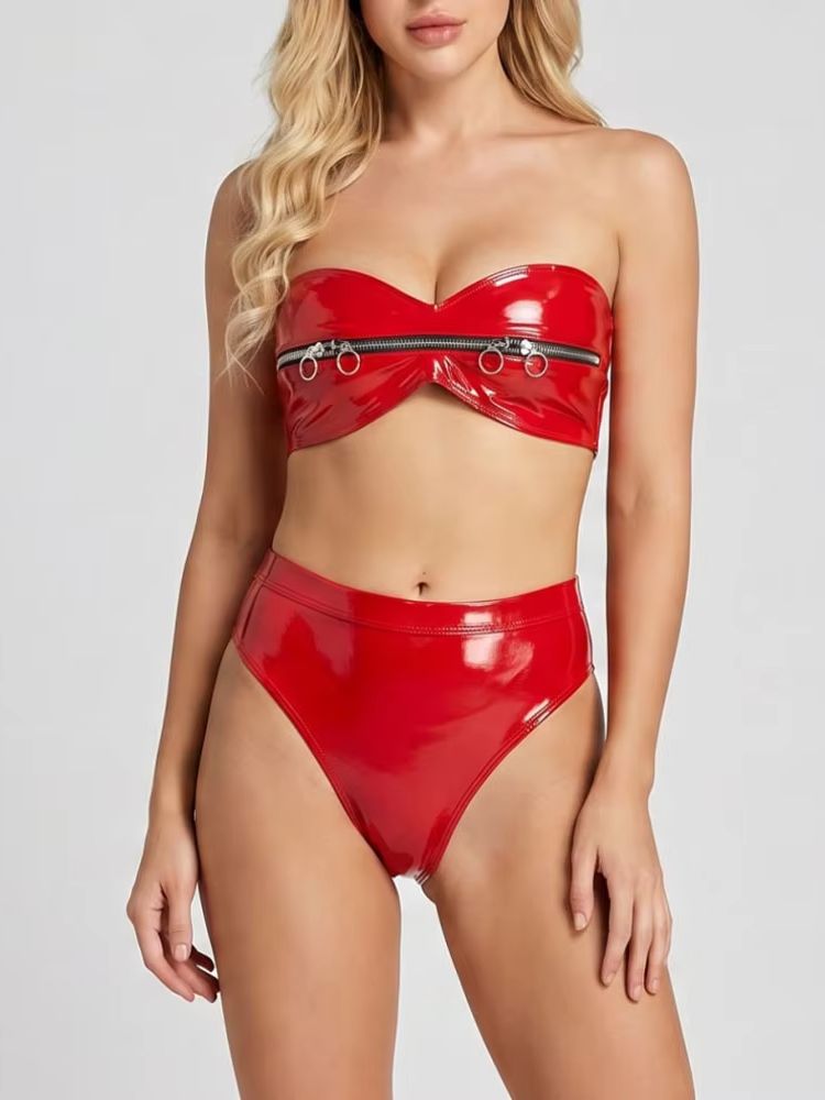 웨트룩 PVC 의상 지퍼 버스티어 크롭탑 샤이니 PU  - Thong Bikini Women 리뷰 및 가격